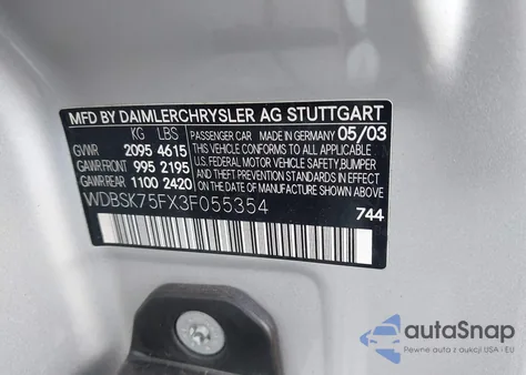 2003 Mercedes-Benz Sl 500 z USA, uszkodzony, nr VIN WDBSK75FX3F055354